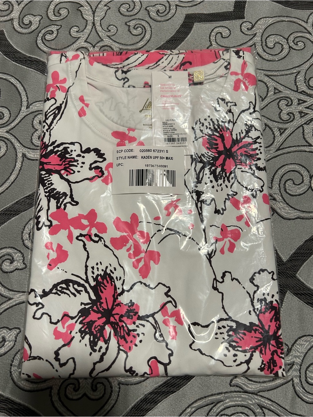 Lilly Pulitzer White Maxi Dress with Pink & Black Floral Design